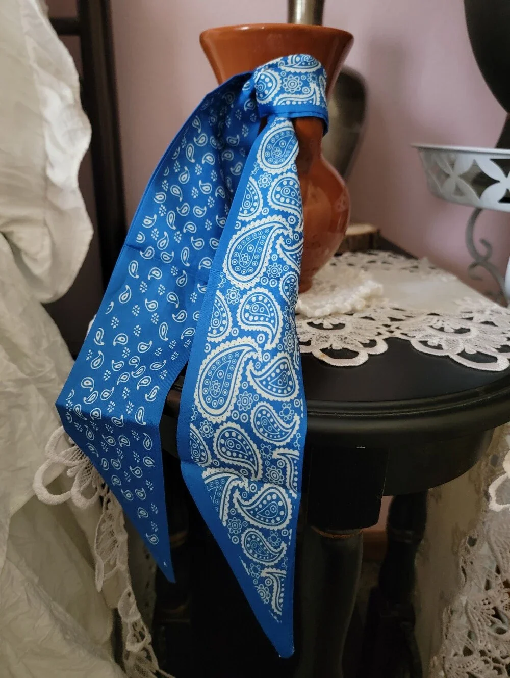 Blue Paisley & Polka Dot Hair Scarf Bow Twilly